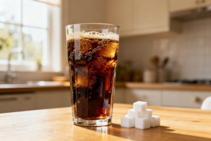 Verre de soda au cola posé près de quelques morceaux de sucre blanc sur une table de cuisine en bois.