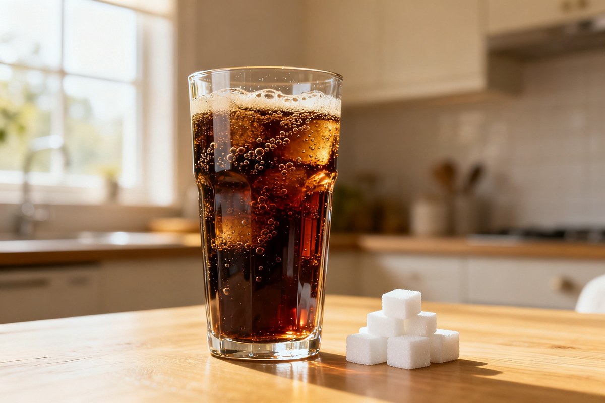 Verre de soda au cola posé près de quelques morceaux de sucre blanc sur une table de cuisine en bois.