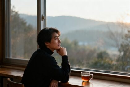 Une personne assise seule près d'une fenêtre, le regard pensif tourné vers l'extérieur dans la lumière du matin.