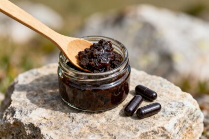 Resine brune de shilajit dans un petit pot en verre avec une cuillere en bois, a cote de quelques gelules sombres.