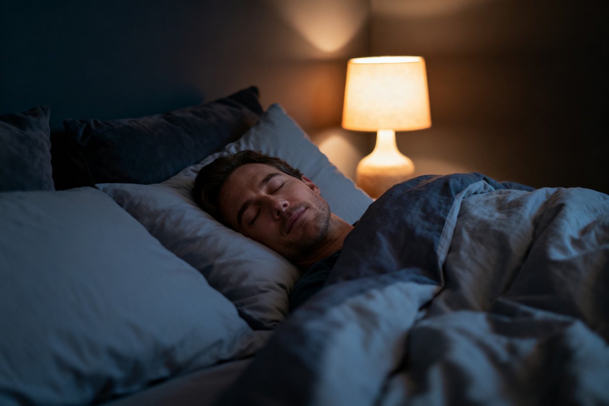 Personne allongée dans un lit la nuit, yeux fermés, sous la lueur d'une lampe de chevet