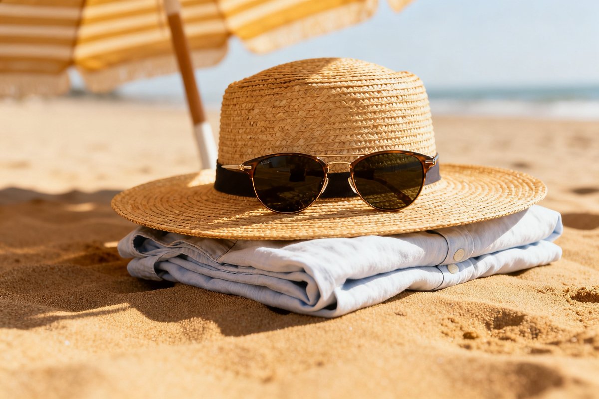 Chapeau de paille et lunettes de soleil posés sur une chemise en coton près d'un parasol, sable au soleil
