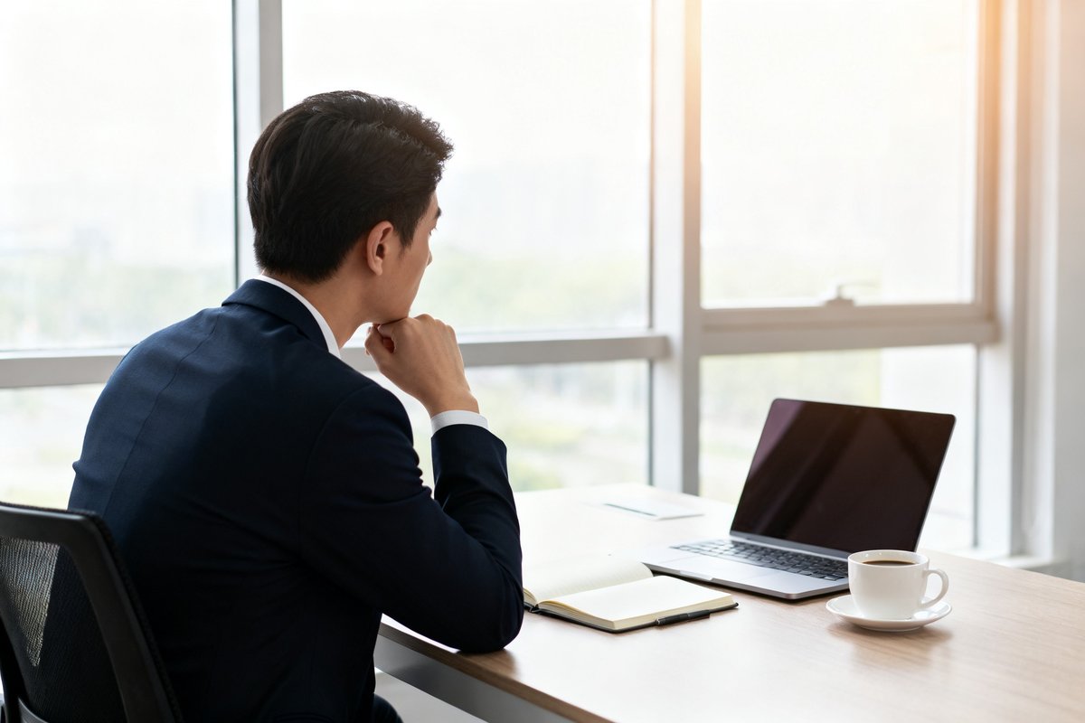Personne pensive de dos à un bureau près d'une fenêtre, avec ordinateur portable, carnet ouvert et tasse de café