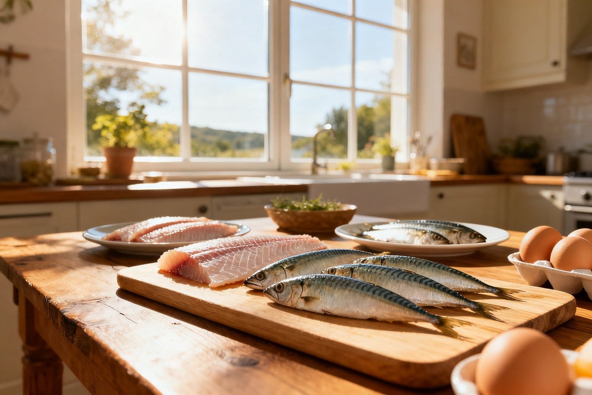 Filets de poisson gras, sardines et œufs sur une table en bois près d’une fenêtre ensoleillée