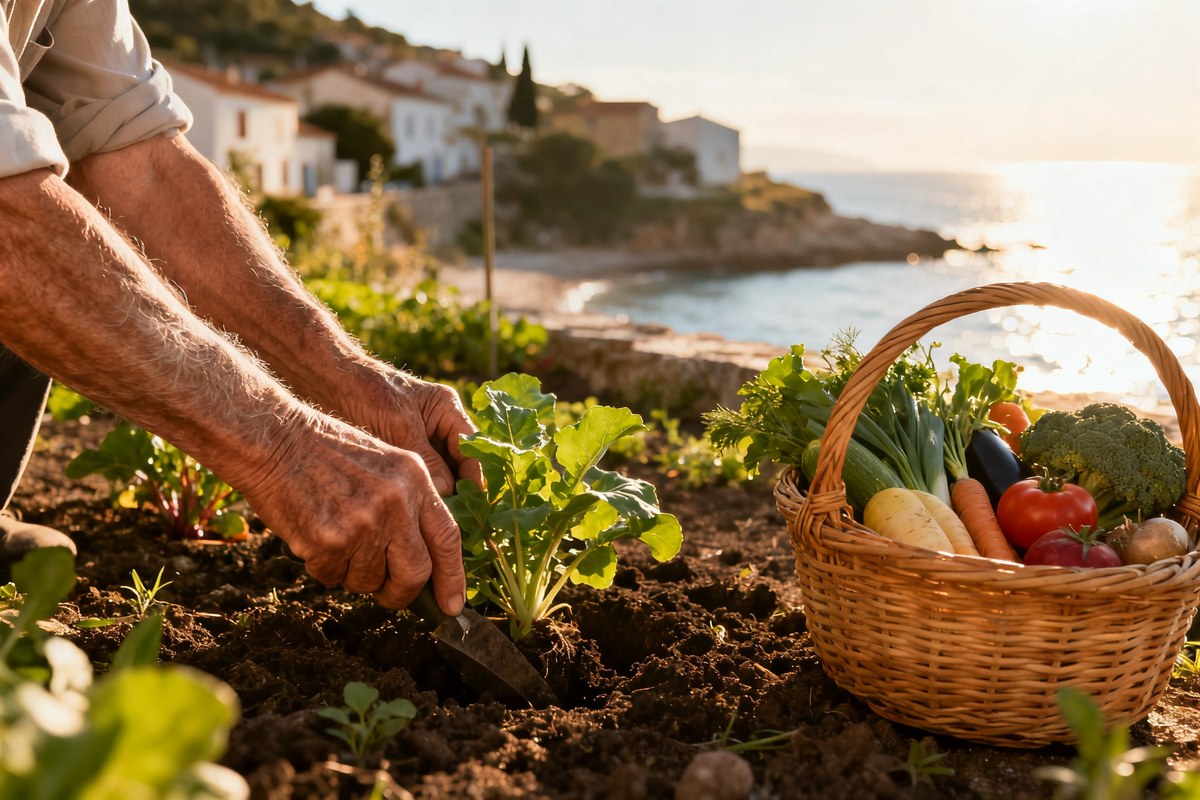 Mains d'une personne âgée cueillant des légumes dans un petit potager au bord de la mer, lumière du matin