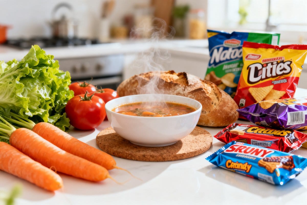 Aliments frais et plats faits maison posés à côté de produits industriels emballés sur un plan de travail