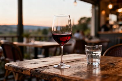 Un verre de vin rouge et un verre d'eau posés sur une table en bois, dans une lumière chaude de fin de journée.