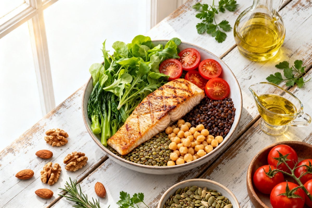 Repas méditerranéen coloré avec poisson, légumes, légumineuses et noix sur une table en bois