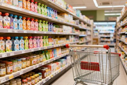 Rayon de supermarché rempli de petits pots et de gourdes pour bébés, avec un chariot vide au premier plan.