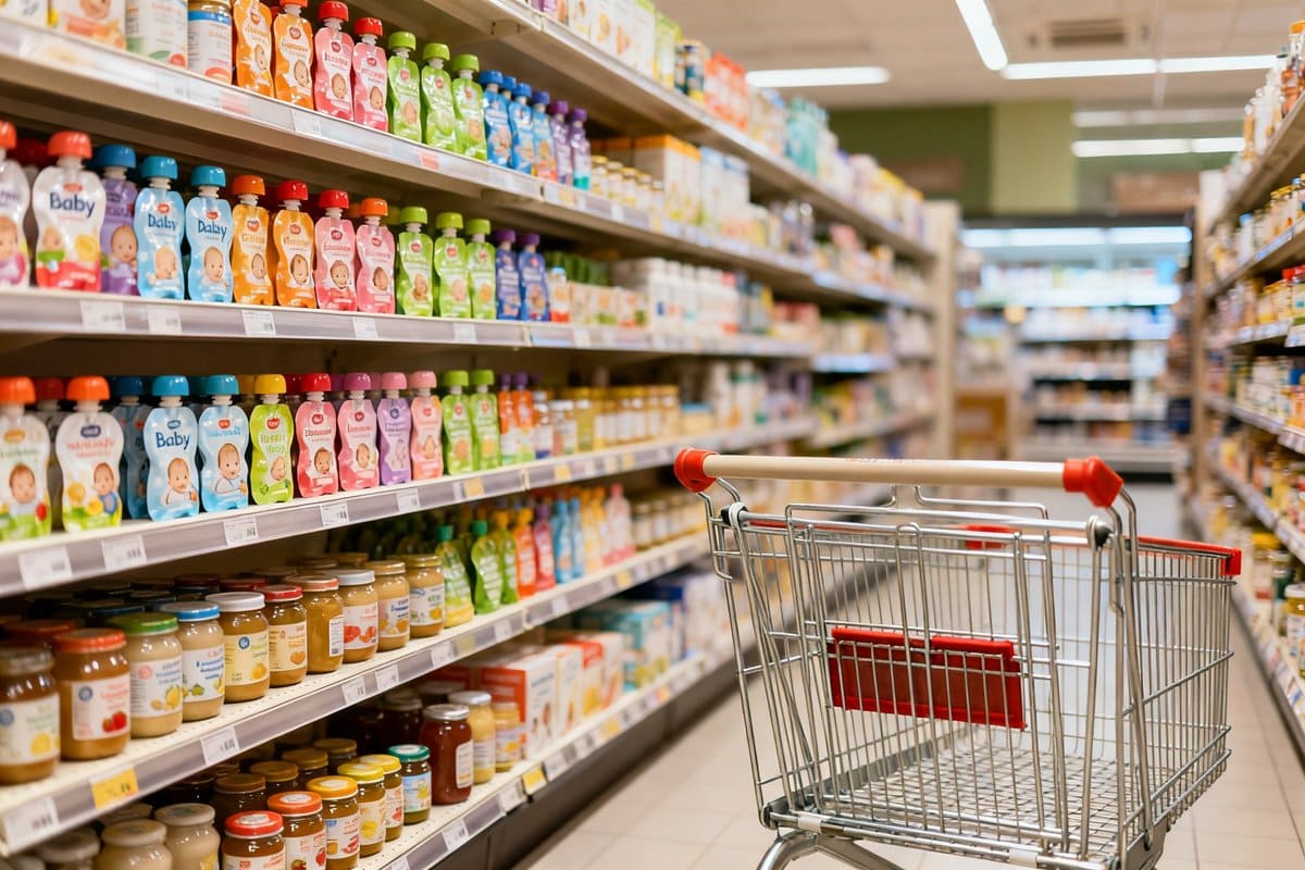Rayon de supermarché rempli de petits pots et de gourdes pour bébés, avec un chariot vide au premier plan.