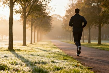 Une personne court sur un chemin bordé d'arbres dans un parc, à la lumière douce du petit matin