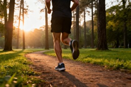 Coureur de dos sur un sentier en forêt au lever du soleil, chaussures de sport en mouvement