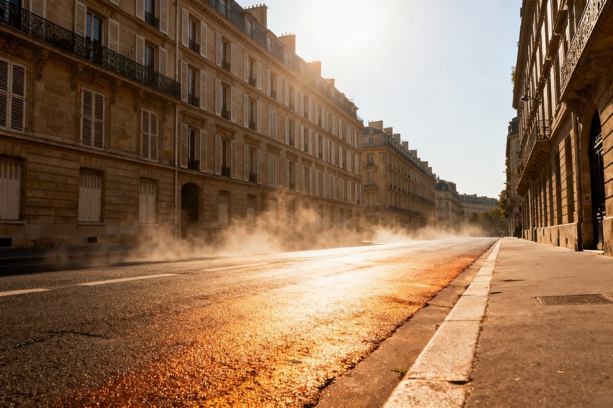 Rue parisienne déserte écrasée de soleil, chaleur ondulant au-dessus du bitume, volets clos sur les immeubles