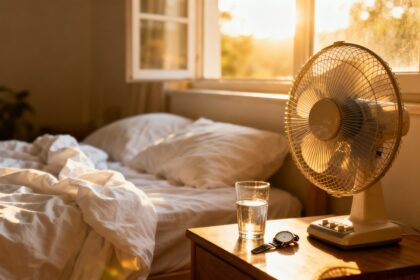 Ventilateur, verre d'eau et montre sur une table de nuit près d'un lit défait dans une chambre baignée de lumière chaude