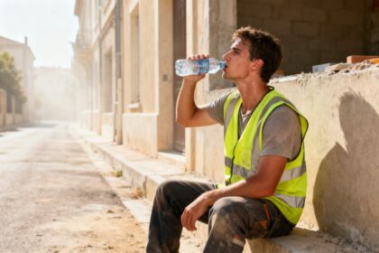 Jeune ouvrier en gilet jaune assis contre un muret, buvant de l'eau en plein soleil dans une rue écrasée de chaleur