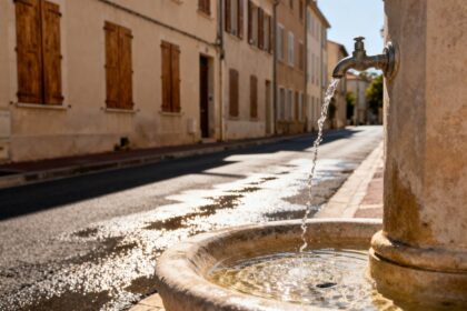 Rue résidentielle écrasée de soleil pendant la canicule, volets clos et fontaine publique au premier plan