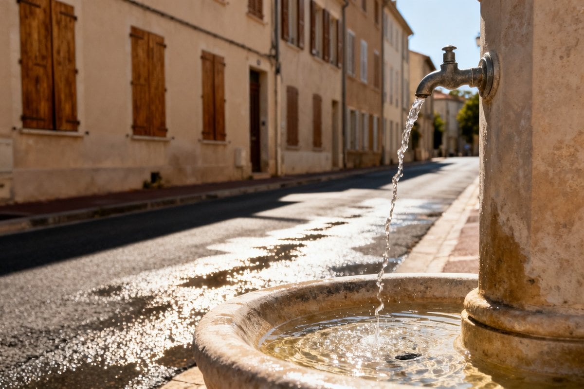 Rue résidentielle écrasée de soleil pendant la canicule, volets clos et fontaine publique au premier plan