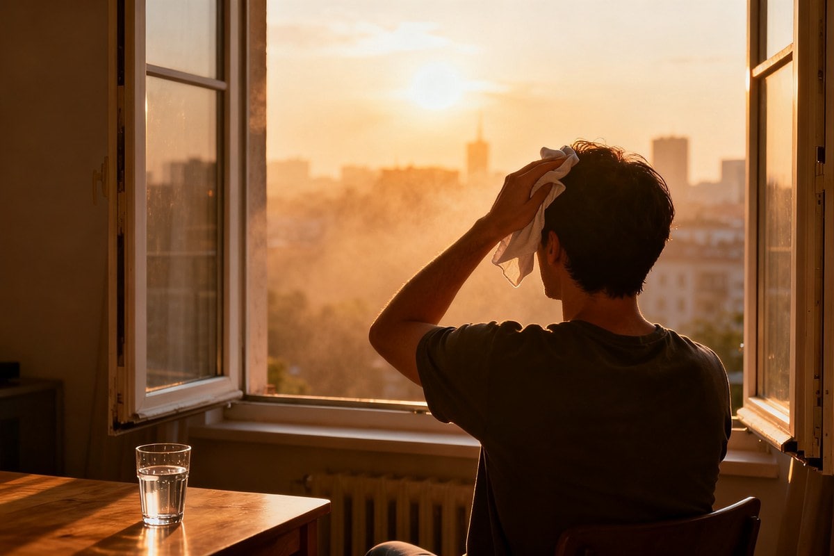 Une personne assise près d'une fenêtre ouverte pendant une canicule, épongeant son front dans une lumière chaude et voilée.
