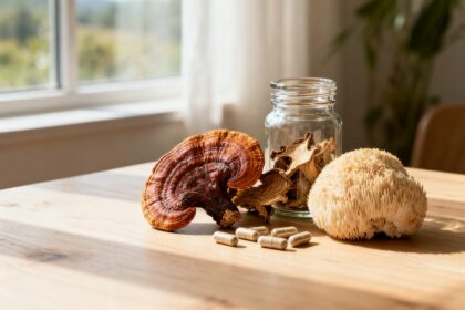 Champignons médicinaux séchés, bocaux en verre et gélules posés sur une table en bois