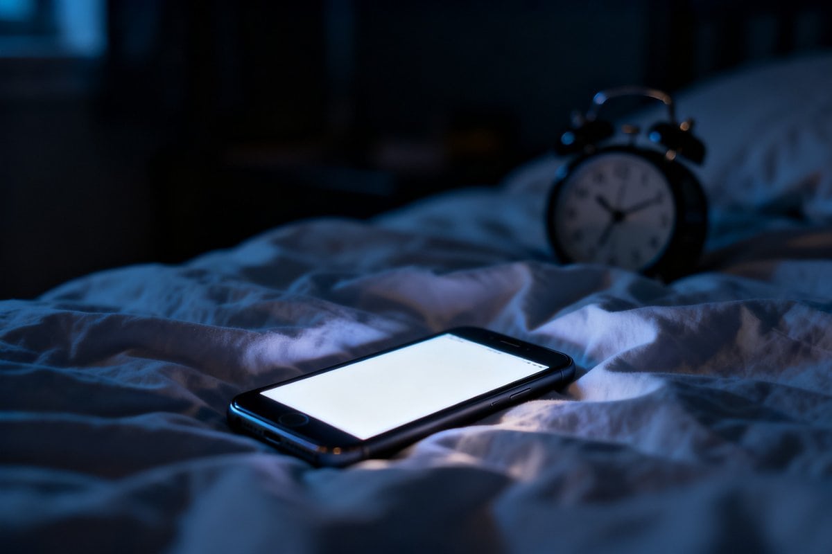 Smartphone allumé posé sur un lit défait dans une chambre d'adolescent plongée dans l'obscurité.