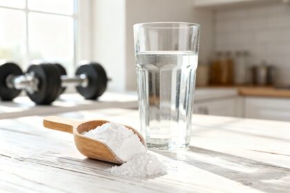 Poudre de créatine dans une cuillère en bois à côté d'un verre d'eau sur un plan de travail clair