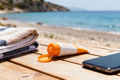 Tube de crème solaire ouvert sur une terrasse en bois, près d'une serviette de plage et d'un smartphone.