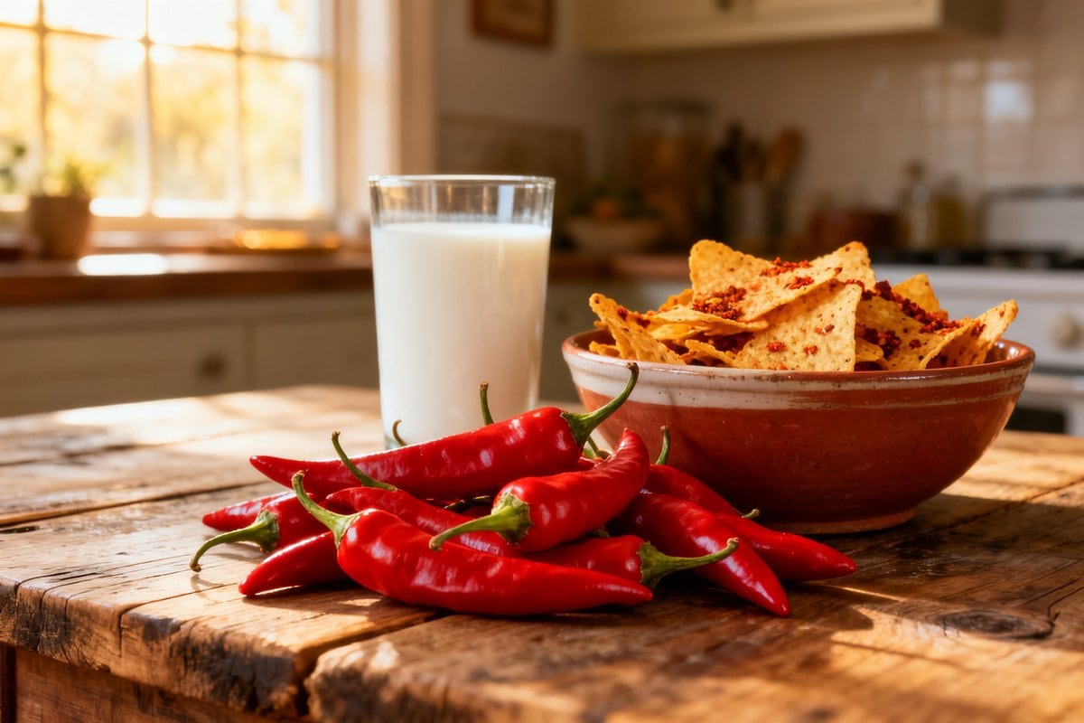 Un tas de piments rouges, un bol de chips épicées et un verre de lait sur une table en bois