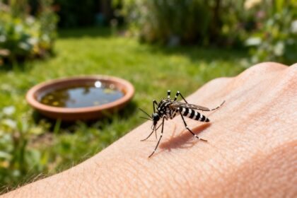Moustique tigre aux pattes rayées de noir et blanc posé sur une main, près d'une coupelle d'eau stagnante dans un jardin