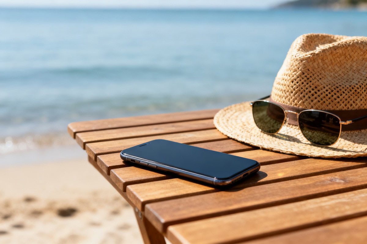 Un smartphone éteint posé sur une table en bois près d'un chapeau de paille et de lunettes de soleil, plage en arrière-plan