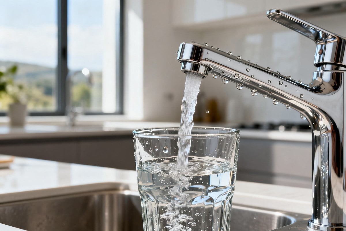 Un verre transparent se remplit d'eau au robinet chromé d'une cuisine lumineuse