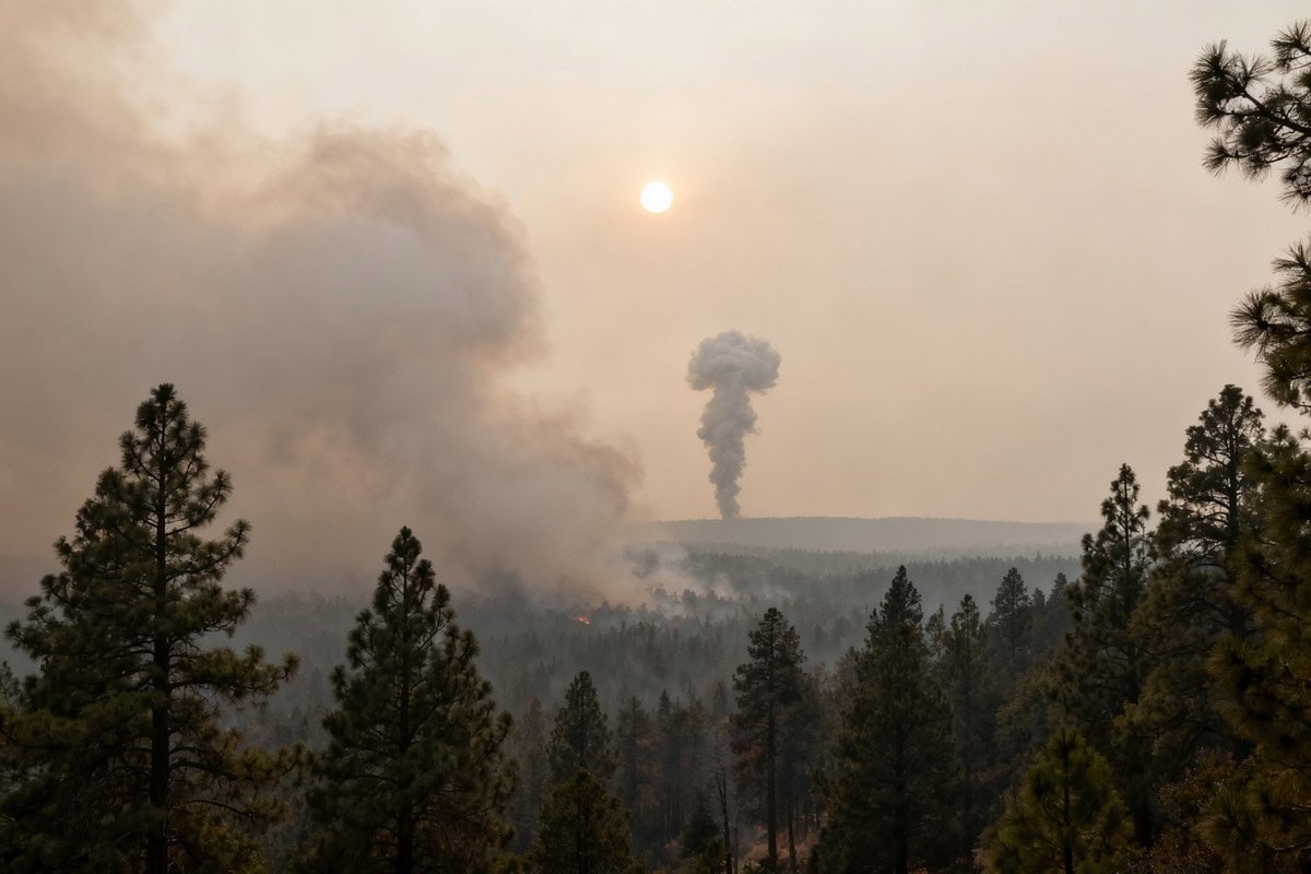 Fumée d'un incendie de forêt s'élevant au-dessus d'une pinède sous un soleil voilé et un ciel brumeux