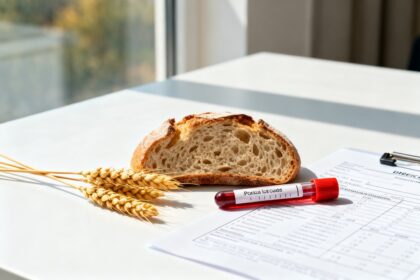 Pain, épis de blé et tube de prélèvement sanguin posés près d'un formulaire médical sur une table blanche