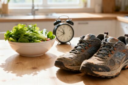 Légumes verts frais, chaussures de marche et réveil posés ensemble sur une table de cuisine