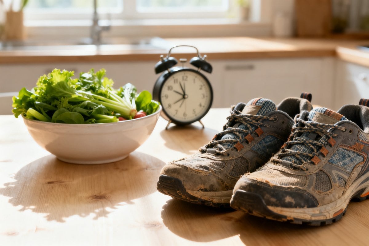 Légumes verts frais, chaussures de marche et réveil posés ensemble sur une table de cuisine