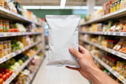 Main tenant un paquet alimentaire dans un rayon de supermarché