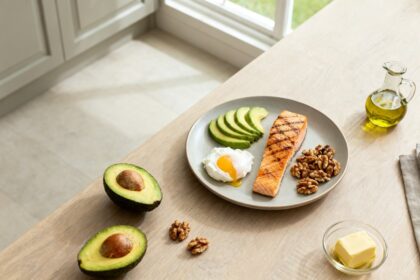Assiette d'avocat, œuf poché, saumon grillé et noix sur un plan de travail en bois, avec huile d'olive et beurre