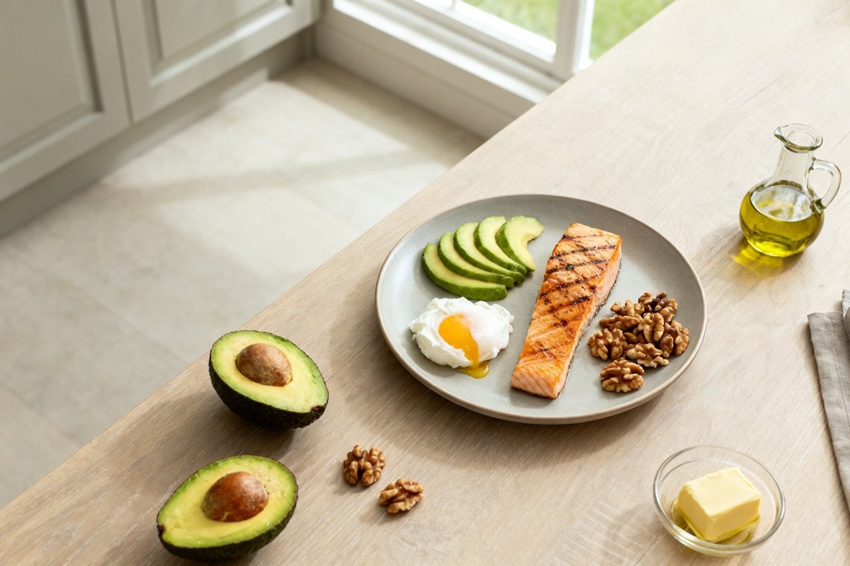 Assiette d'avocat, œuf poché, saumon grillé et noix sur un plan de travail en bois, avec huile d'olive et beurre