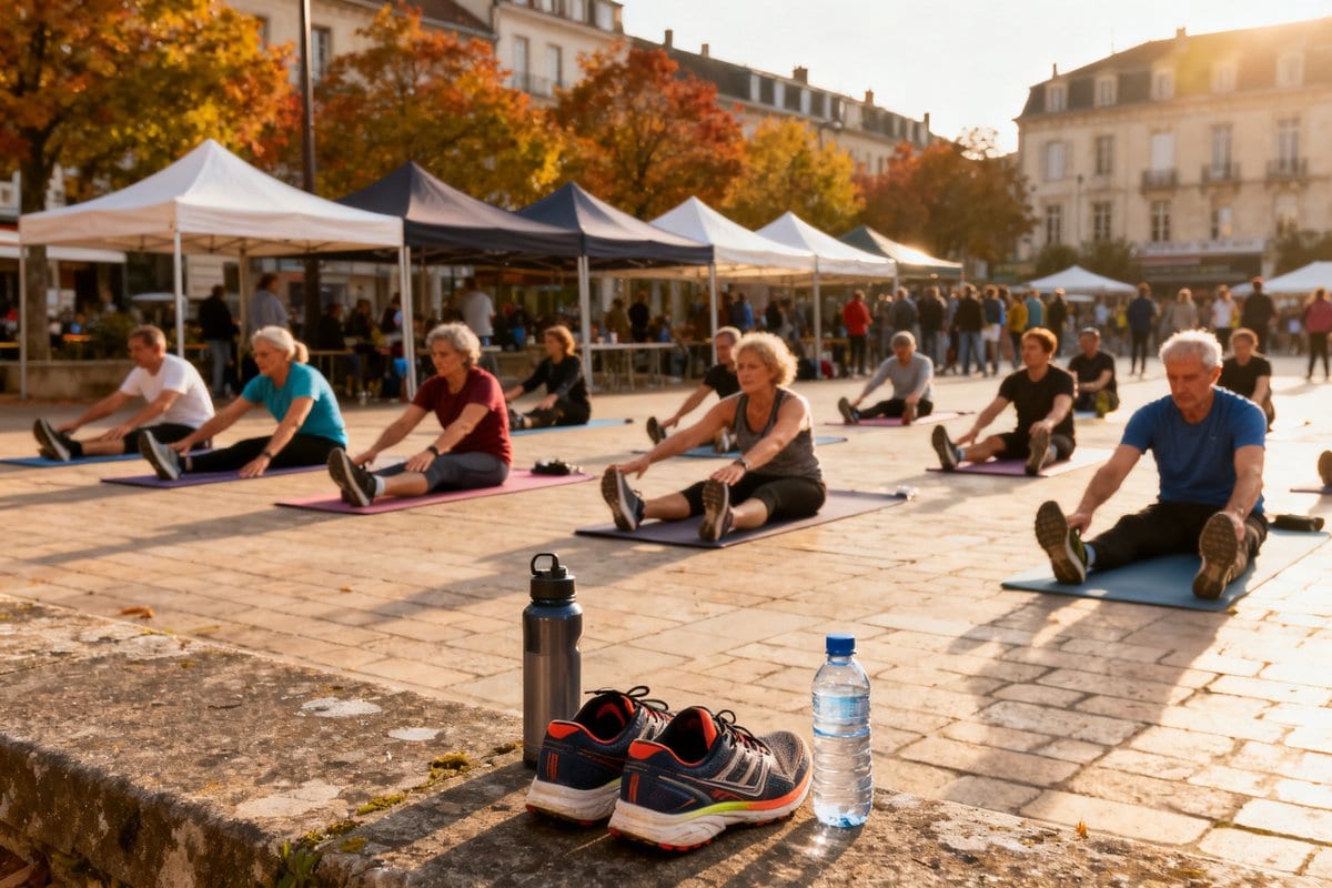 Des adultes de tous âges s'étirent sur des tapis de sol sur une place pavée, devant des barnums, en fin de journée