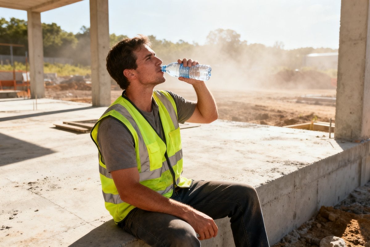Ouvrier en gilet de chantier buvant de l'eau à l'ombre par forte chaleur