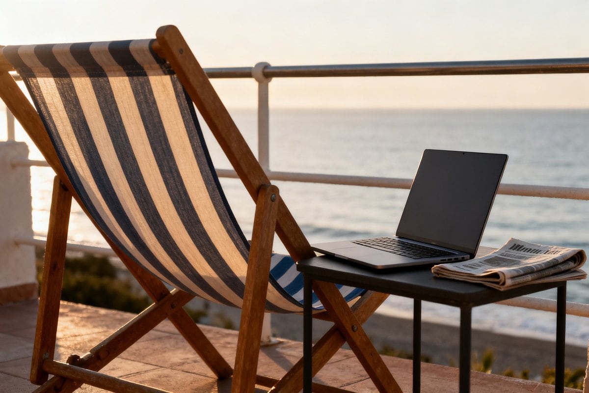 Transat rayé vide sur une terrasse en bord de mer au petit matin, ordinateur portable fermé sur une table