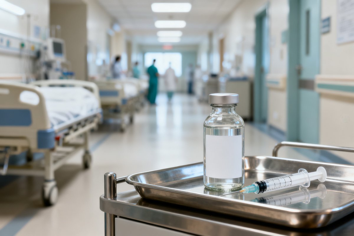 Flacon de vaccin à l'étiquette vierge et seringue sur un plateau métallique dans un couloir d'hôpital