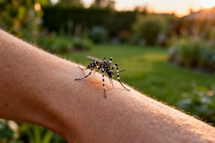 Moustique aux pattes rayées noir et blanc posé sur un avant-bras, jardin flou et lumière dorée en arrière-plan