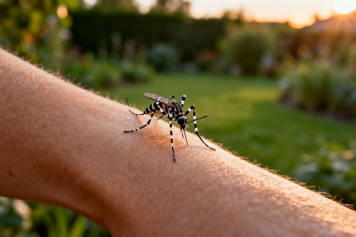 Moustique aux pattes rayées noir et blanc posé sur un avant-bras, jardin flou et lumière dorée en arrière-plan