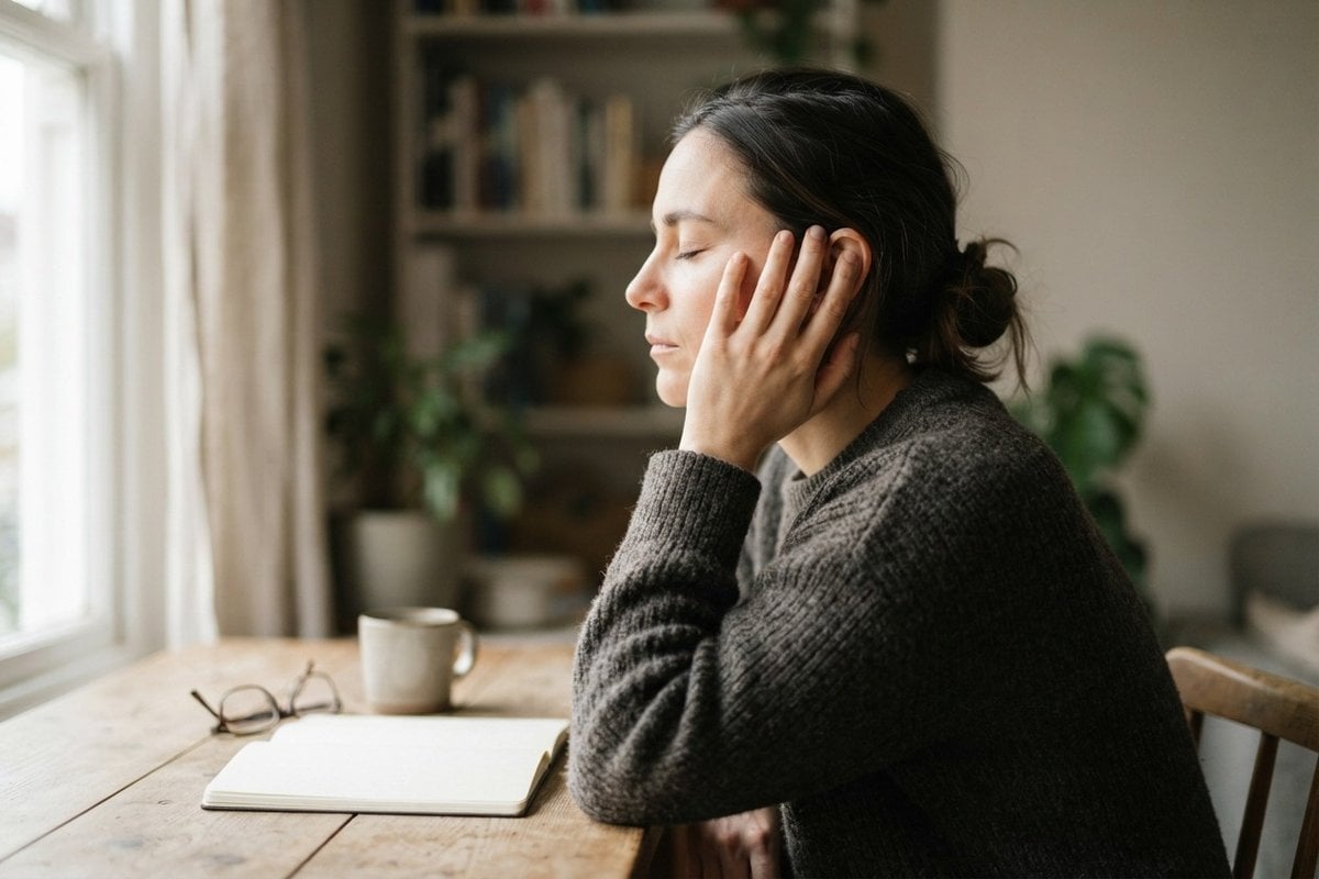 Une femme assise près d'une fenêtre, les yeux fermés, une main pressée contre son oreille, l'air las.