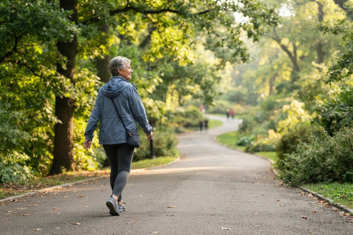 Une femme âgée en veste bleue marche d'un pas tranquille sur une allée de parc bordée d'arbres, vue de dos.