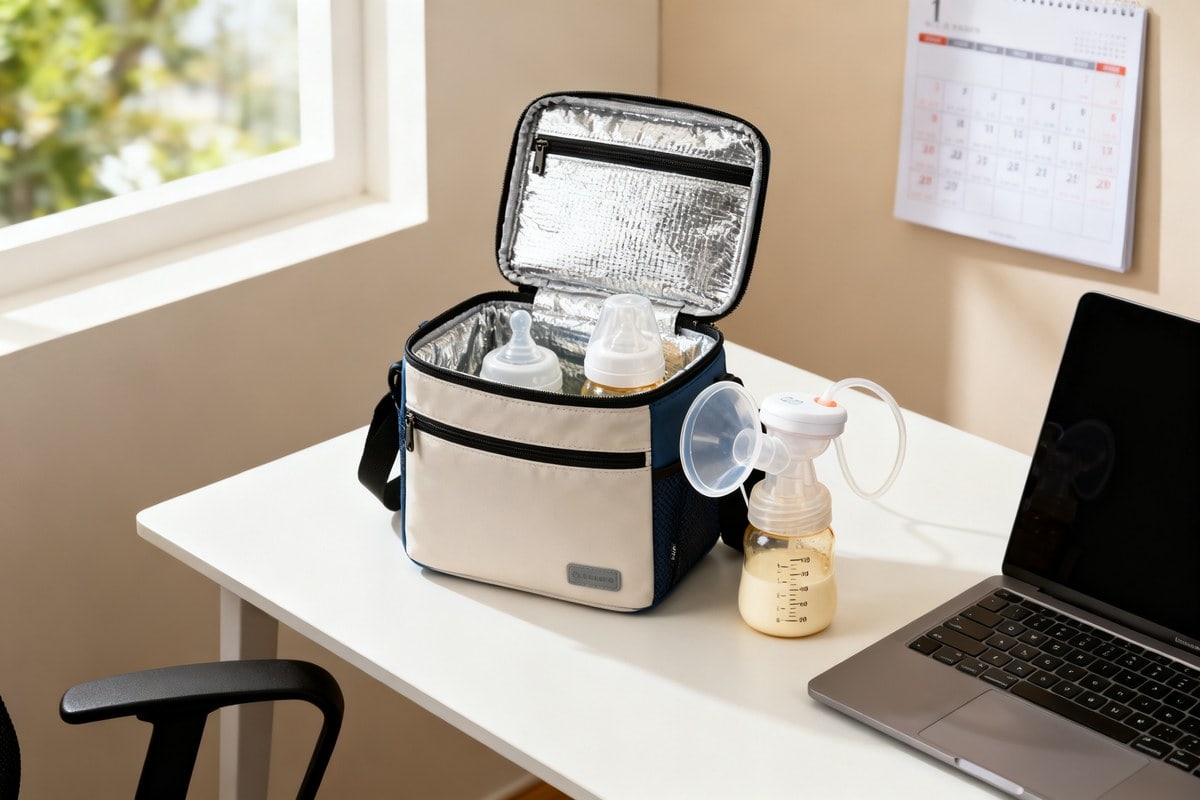 Sac isotherme ouvert avec biberons et tire-lait sur un bureau, à côté d'un ordinateur portable et d'un calendrier
