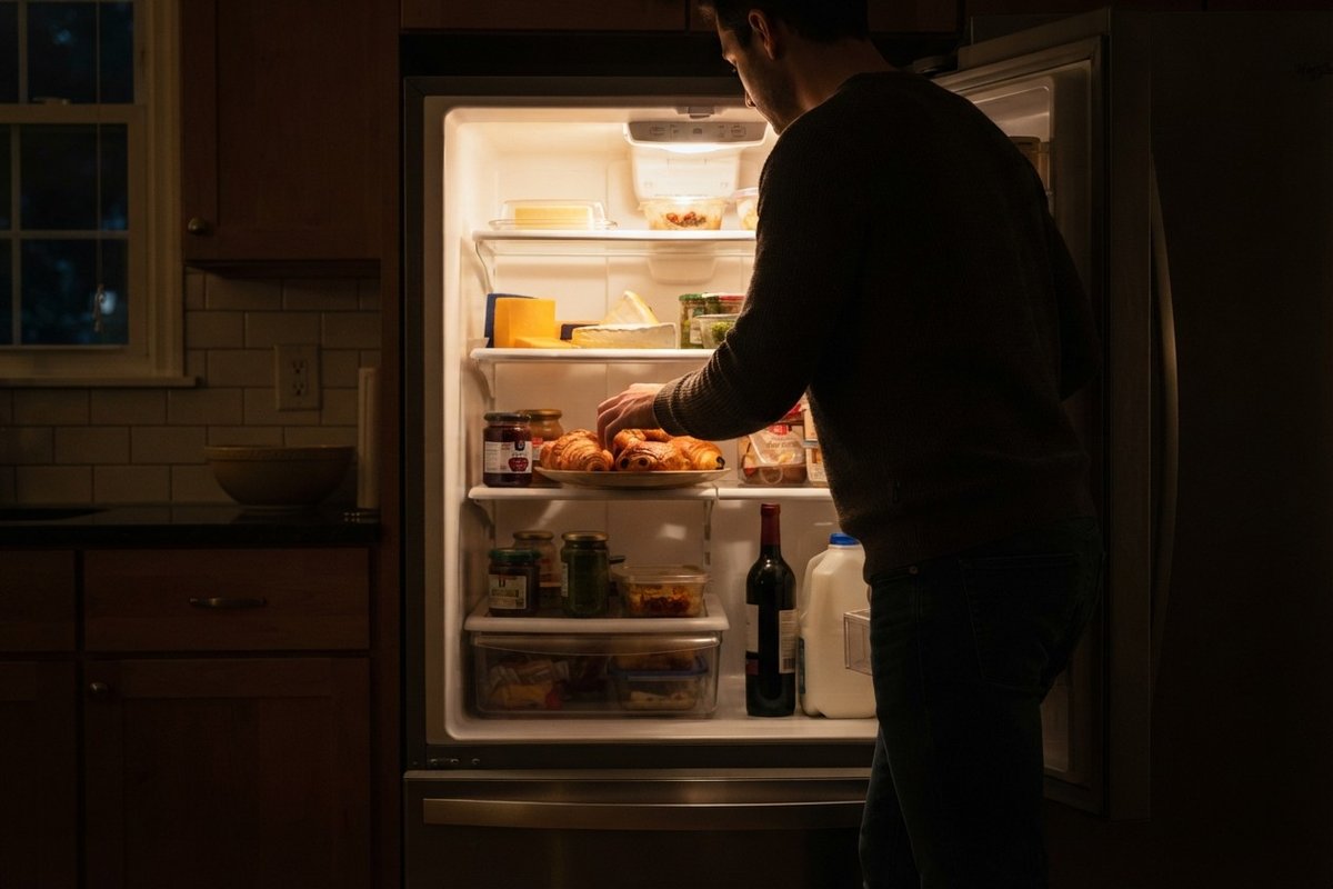Une personne ouvre le réfrigérateur la nuit et attrape une assiette de croissants dans une cuisine sombre.
