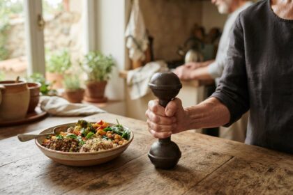 Main d'une personne âgée serrant un haltère sur une table en bois, près d'un bol de légumes, lentilles et céréales