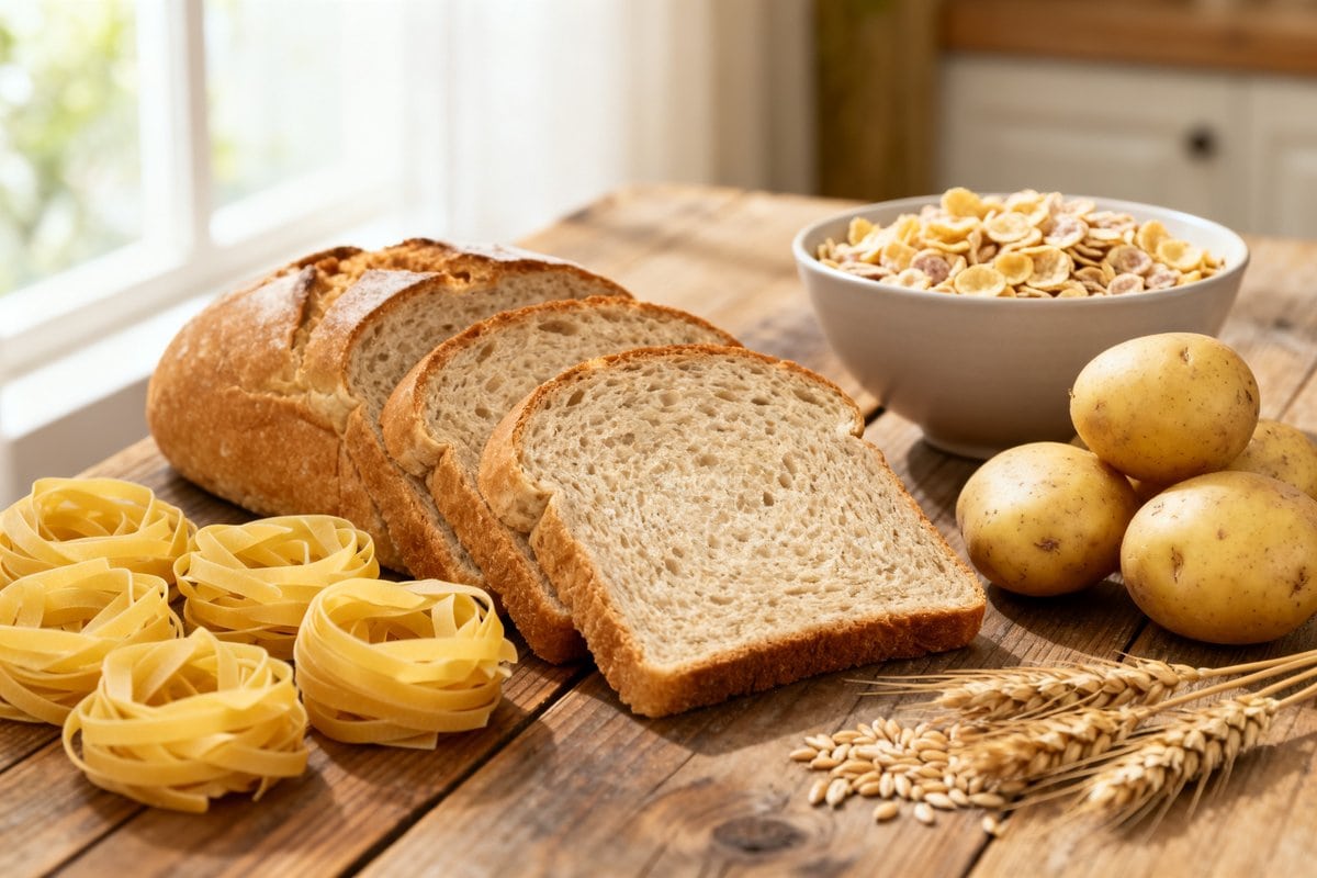 Pain tranché, pâtes sèches, bol de céréales, pommes de terre et épis de blé sur une table en bois