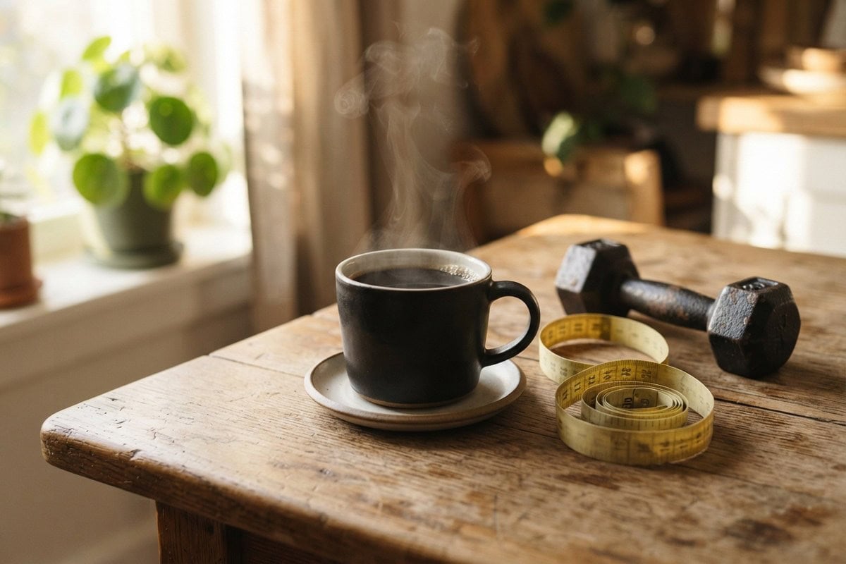 Tasse de café noir fumant sur une table en bois, à côté d'un mètre ruban et d'un haltère, lumière du matin